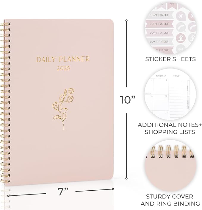 Beautiful 2025 Daily Planner - 7" x 10" Daily Planner for Women or Men with Weekly & Monthly Spreads for Easy Planning - Perfect Calendar Book To Organize All Tasks and Boost Productivity