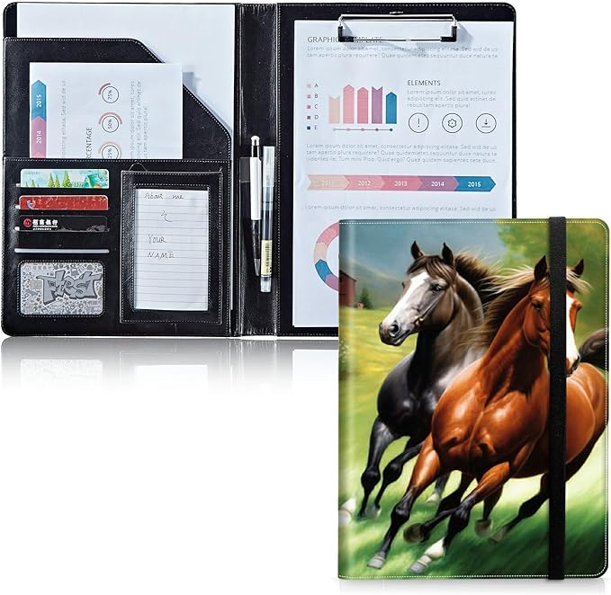 Padfolio Folder with Clipboard,Portfolios Organizer Clipboards with Storage Clipboard Writing Pad PU Leather Conference Document Organizer with Business Card Holder,Running Horse