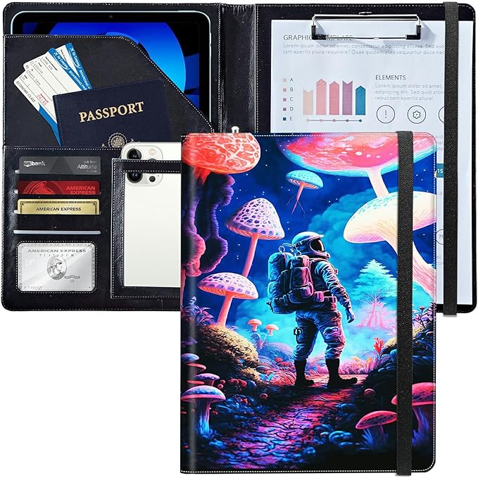 PU Leather Padfolio Folder Clipboard Portfolios Organizer Conference Document Organizer with Business Card Holder Storage Clipboard Writing Pad,Astronaut Under Mushroom