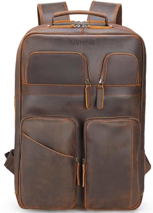 STAR VISTA Angelo 17.3" Vintage Full Grain Leather Laptop Backpack for Men, Multi Pockets, Casual Outdoor Business Travel Rucksack, YKK Zippers, Dark Brown