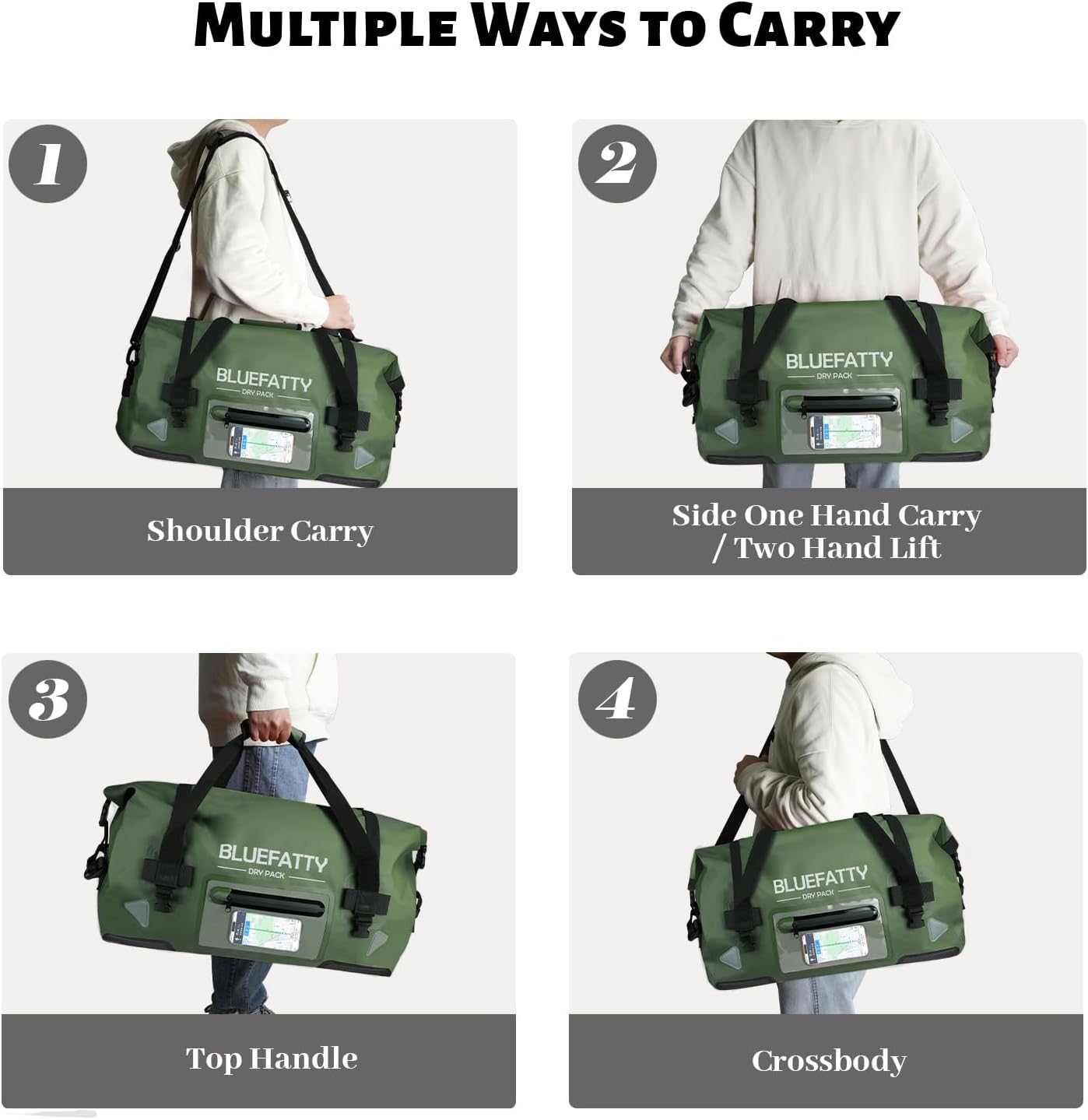 Waterproof Motorcycle Duffel Bag Roll Top Dry Duffel Bag with Quick-fixed Straps for Rafting, Boating, Kayaking, Travel, 50L(Army Green)