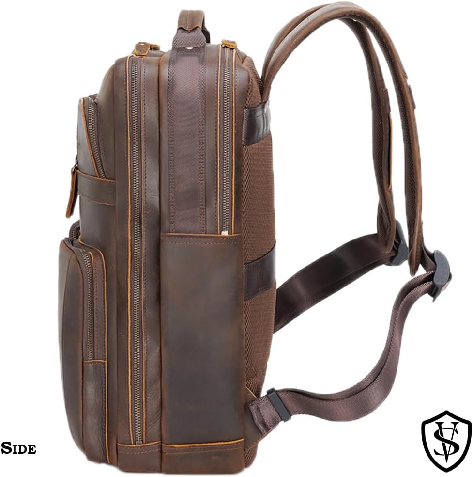 STAR VISTA Angelo 17.3" Vintage Full Grain Leather Laptop Backpack for Men, Multi Pockets, Casual Outdoor Business Travel Rucksack, YKK Zippers, Dark Brown