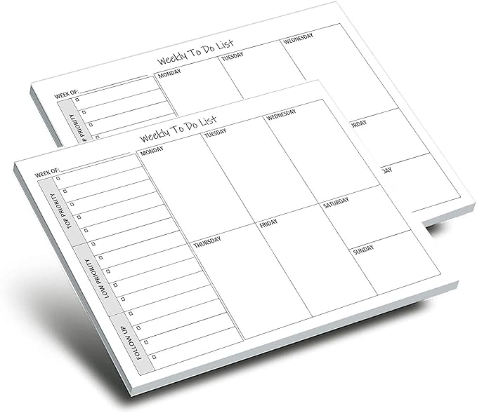 Weekly TO DO List Notepads (2 Pack, 50 Pages Each) Task Pad Planner w/Daily Checklist, Priority ToDo & Note Sections. Desk Notebook Pad to Organize Office. 8.5 X 5.5, A5 Sheets. Made in the USA.