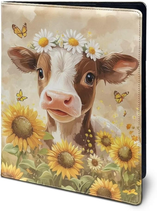 Cozeyat Sunflower Cow Padfolio for Women Binder Portfolio Folder, PU Leather Folder A4 Conference Pad Document Organizer Notepad Holder