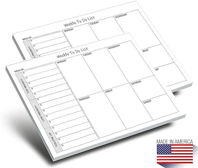 Weekly TO DO List Notepads (2 Pack, 50 Pages Each) Task Pad Planner w/Daily Checklist, Priority ToDo & Note Sections. Desk Notebook Pad to Organize Office. 8.5 X 5.5, A5 Sheets. Made in the USA.