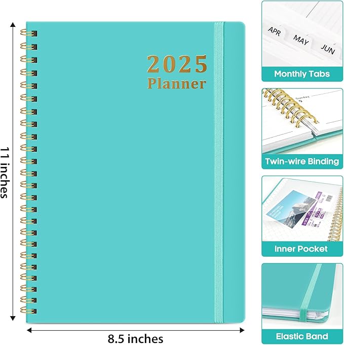 2025 Planner - Weekly and Monthly Planner Spiral Bound, January 2025 - December 2025, Hardcover 2025 Calendar Planner Book with Tabs, Inner Pocket, Perfect for Office Home School Supplies - A4 (8.5" x 11"), Aquamarine