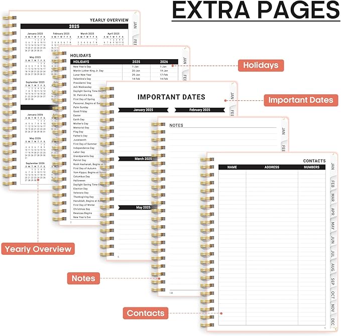 2025 Planner - Weekly and Monthly Planner Spiral Bound, January 2025 - December 2025, Hardcover 2025 Calendar Planner Book with Tabs, Inner Pocket, Perfect for Office Home School Supplies - A4 (8.5" x 11"), Pink