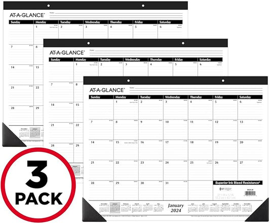 AT-A-GLANCE 2024 Desk Calendar, Desk Pads, Monthly, 21-3/4" x 17", Large, Ruled Blocks, 3 Pack (AZSK240024)