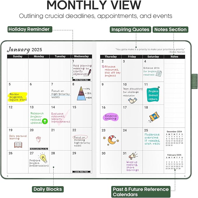 2025 Planner - Weekly and Monthly Planner, January 2025 to December 2025, Hardcover 2025 Calendar Planner Book, Inner Pocket, Perfect for Office Home School Supplies - A5 (5.8" x 8.4"), Green