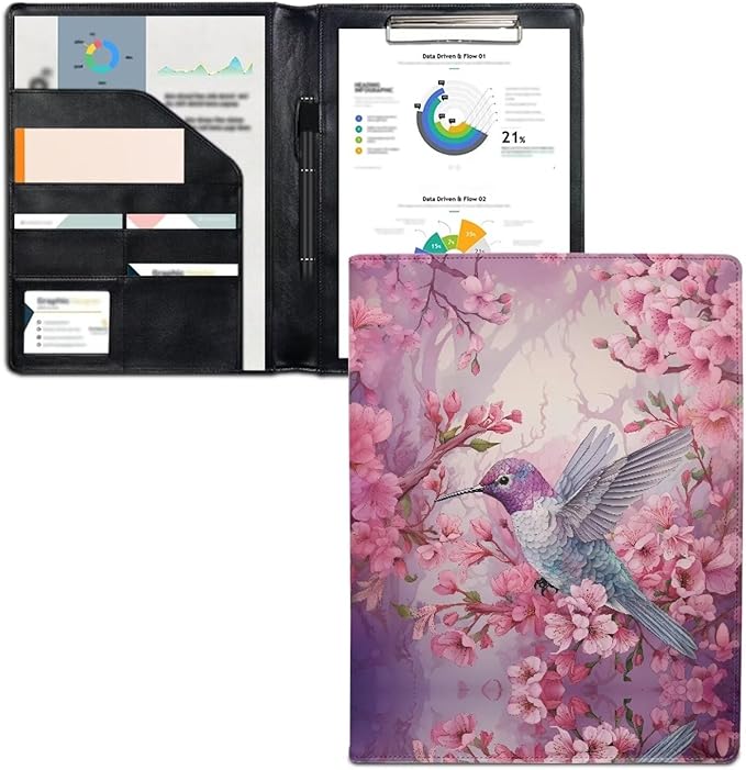 Cozeyat Padfolio Portfolio Leather Binder for Women, Interview Legal Document Organizer, Aesthetic Floral Hummingbirds Design Business Card Holder Letter Sized Writing Pad File Folders