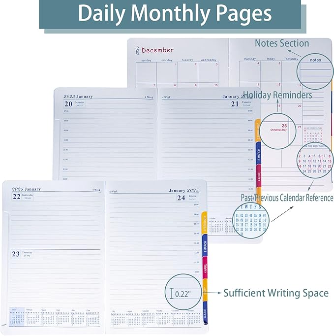 2025 Daily Monthly Planner - Calendar, January - December 2025, 100GSM Thick Paper, Leather Cover, Planner with Hourly Schedule,6.1" x 8.2", Daily Inside Page - Monthly Inside Page, Pen Holder, Bookmarks (Light blue)