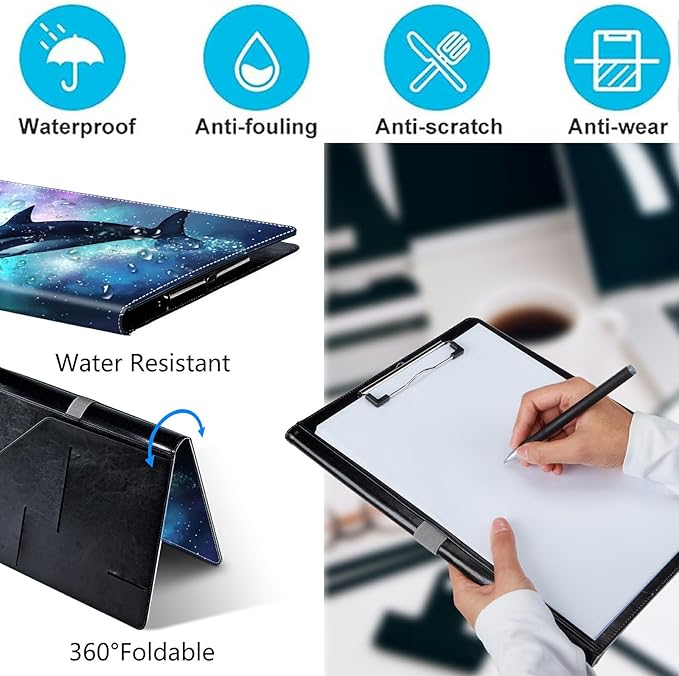 PU Leather Padfolio Clipboard Notepad with Pen Loop and Elastic Strap Interview/Resume Document Organizer for Business School Office,Orca Whale