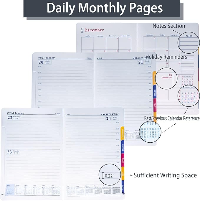2025 Daily Monthly Planner - Calendar, January - December 2025, 100GSM Thick Paper, Leather Cover, Planner with Hourly Schedule,6.1" x 8.2", Daily Inside Page - Monthly Inside Page, Pen Holder, Bookmarks (Dark Gray)