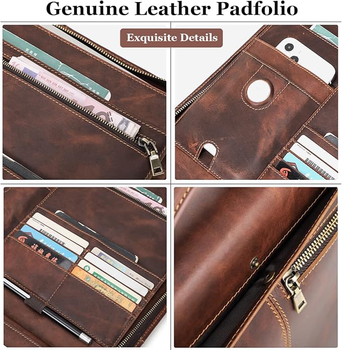 Portfolio Binders - Genuine Leather Padfolio - Business Notebook Organizer w/Zipper and Handle for Resume & Work - Padfolio for Men & Women w/Notepad Fit iPad Pro 12.9" / Portfolio with AirTag Holder