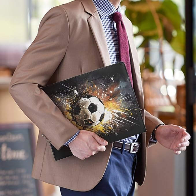 Cozeyat 3D Football Print Padfolio for Men Black Leather Portfolio Folder for Documents, Writing Pad for Business School Office Conference Notepad Clip Boards
