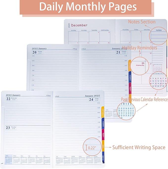 2025 Daily Monthly Planner - Calendar, January - December 2025, 100GSM Thick Paper, Leather Cover, Planner with Hourly Schedule,6.1" x 8.2", Daily Inside Page - Monthly Inside Page, Pen Holder, Bookmarks (Pink)