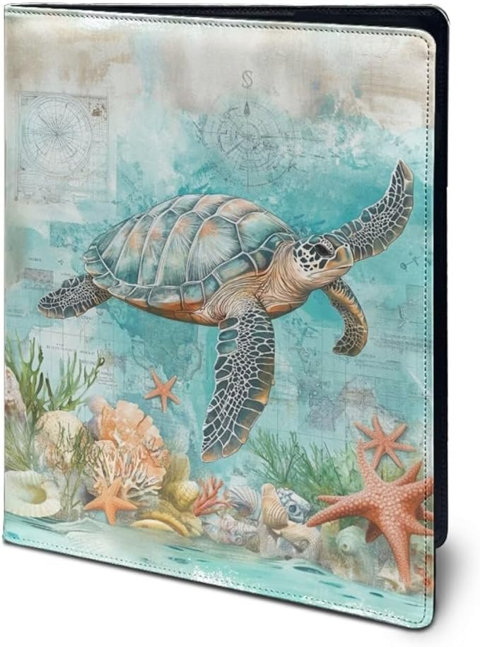 Cozeyat Beach Starfish PU Leather Portfolio Professional Organizer Padfolio for Women Girls, Sea Turtle Document Folio for Letter Size Writing Pad/Business Card Holder