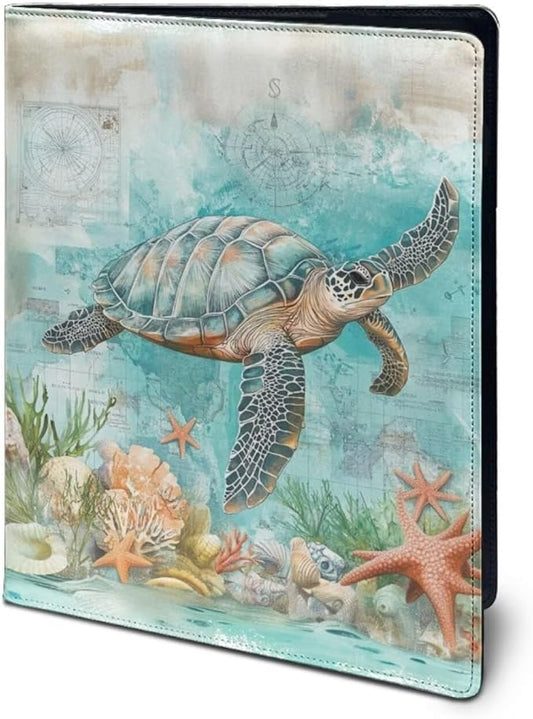 Cozeyat Beach Starfish PU Leather Portfolio Professional Organizer Padfolio for Women Girls, Sea Turtle Document Folio for Letter Size Writing Pad/Business Card Holder