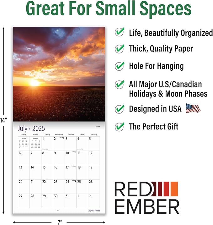 RED EMBER Gorgeous Sunsets Mini 2025 Wall Calendar 12 Month | 7" x 14" Open | Thick & Sturdy Paper | Giftable | Calendar 2025