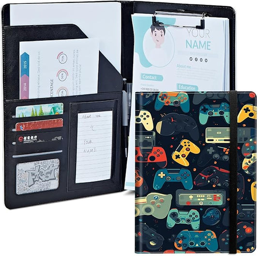 Gaming Controllersca Padfolio Folder with Clipboard,Portfolios Organizer Clipboards with Storage Clipboard Writing Pad PU Leather Conference Document Organizer with Business Card Holder