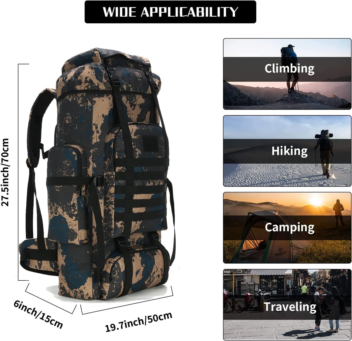 Hiking Backpack for Men 70L/100L Camping Backpack Military Rucksack Molle 3 Days Assault Pack for Climbing