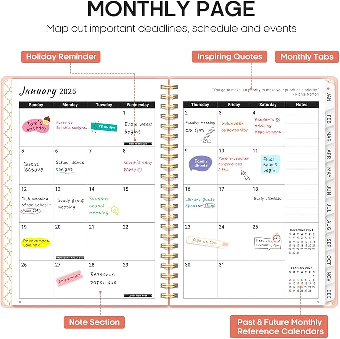 2025 Planner - Weekly and Monthly Planner Spiral Bound, January 2025 - December 2025, Hardcover 2025 Calendar Planner Book with Tabs, Inner Pocket, Perfect for Office Home School Supplies - A4 (8.5" x 11"), Pink