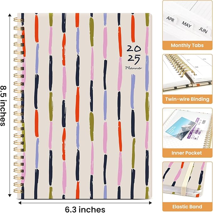 2025 Planner Weekly and Monthly, Jan 2025 - Dec 2025, Hardcover 2025 Calendar Planner Book with Monthly Tabs, Inner Pocket, Aesthetic Planner 2025 for Office Home School Planning - A5 (6.3" x 8.5"), Spiral Bound, Stripes