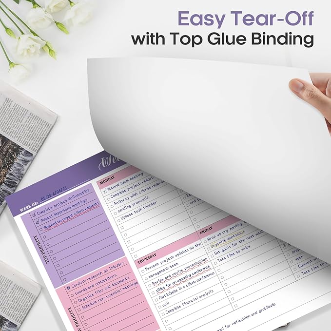 Weekly To Do List Notepad with 52 Tear Off Sheets（8.5"×11"）- Undated Weekly Desk Planner for Women & Man,Work and Home-Violet Whispers