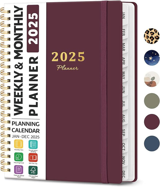 2025 Planner Weekly and Monthly, Jan 2025 - Dec 2025, Hardcover 2025 Calendar Planner Book with Monthly Tabs, Inner Pocket, Aesthetic Planner 2025 for Office Home School Planning - A5 (6.3" x 8.5"), Spiral Bound, Wine Red