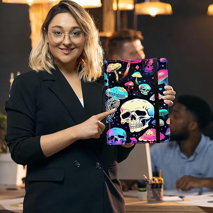 Padfolio Folder with Clipboard,Portfolios Organizer Clipboards with Storage Clipboard Writing Pad PU Leather Conference Document Organizer with Business Card Holder,Mushroom Skull