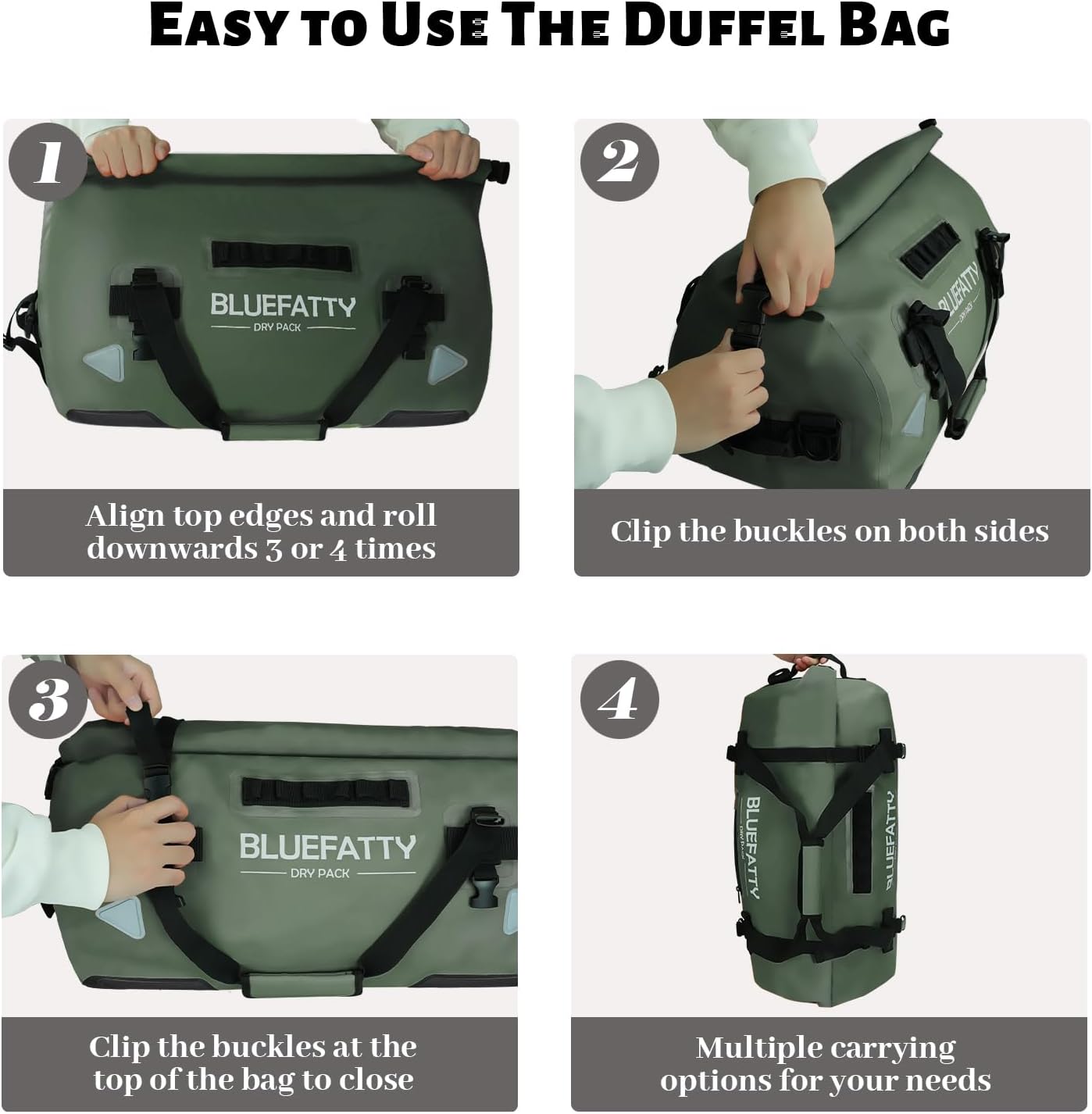 Waterproof Motorcycle Duffel Bag Roll Top Dry Duffel Bag with Quick-fixed Straps for Rafting, Boating, Kayaking, Travel, 50L(Army Green)