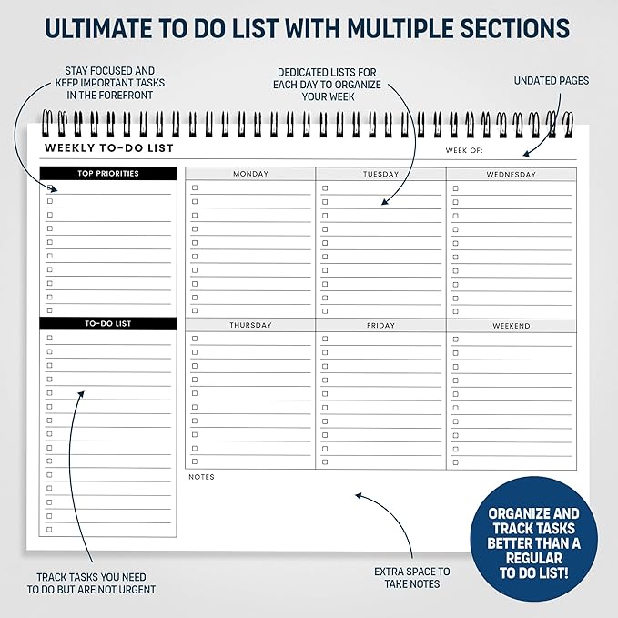 Weekly To Do List Spiral Planner Pad - 8.5x11" 52 Sheets - Desk Notepad with Multiple Sections - Undated Planning Notebook Checklist, Todo Agenda Plan