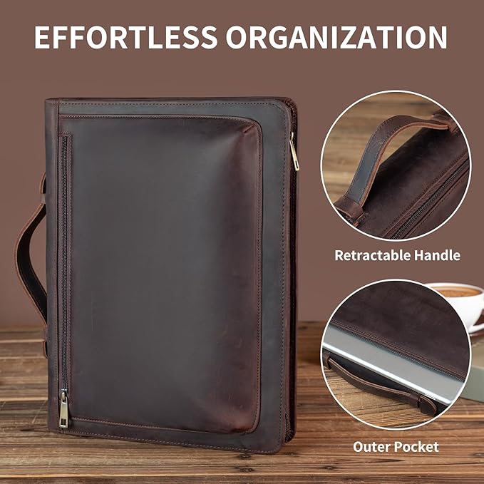 Handmade Vintage Crazy Horse Leather Portfolio Letter (A4) Size Notepad,Business Organizer Padfolio with Handle, for iPad Pro/Microsoft Surface Pro/13 inch Tablet (Non-Custom, Dark Brown)