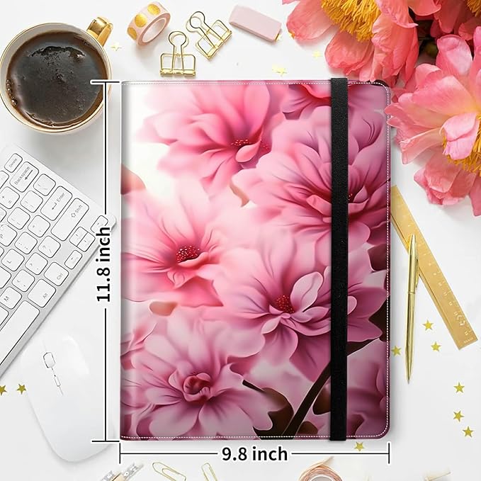 Padfolio Folder with Clipboard,Portfolios Organizer Clipboards with Storage Clipboard Writing Pad PU Leather Conference Document Organizer with Business Card Holder,Pink Flowers