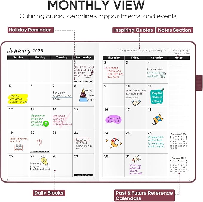 2025 Planner - Weekly and Monthly Planner, January 2025 to December 2025, Hardcover 2025 Calendar Planner Book, Inner Pocket, Perfect for Office Home School Supplies - A5 (5.8" x 8.4"), Wine Red