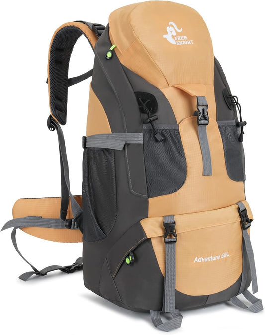 Bseash 50L Hiking Backpack, Water Resistant Lightweight Outdoor Sport Daypack Travel Bag for Camping Climbing Skiing Cycling (Gold - With Shoe Compartment)