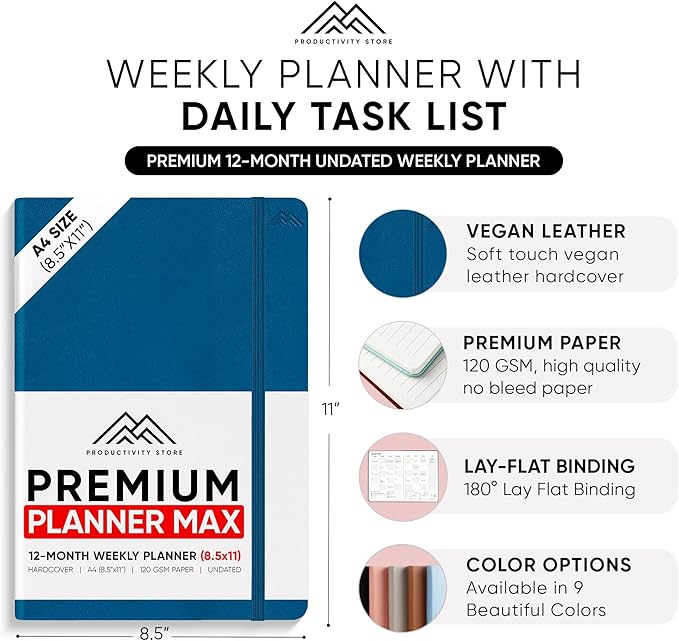 PRODUCTIVITY STORE Pro Max - Undated, 2025 Planner, 8.5" x 11" - The #1 Productivity Planner to Achieve Your 2025 Goals - Planner 2025-2026 - Navy - A4