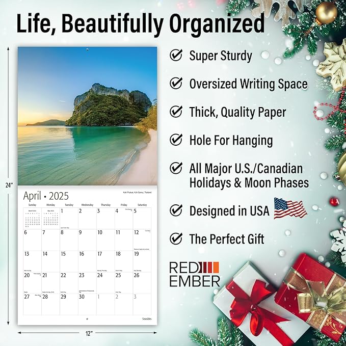 RED EMBER Seasides 2025 Wall Calendar 12 Month | 12" x 24" Open | Thick & Sturdy Paper | Giftable | Calendar 2025
