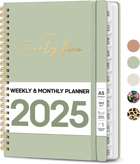 2025 Planner - Weekly and Monthly Planner, January 2025 to December 2025, Spiral Bound 2025 Calendar Planner Book, Inner Pocket, Perfect for Office Home School Supplies - A5 (6.3" x 8.5"), Sage Green