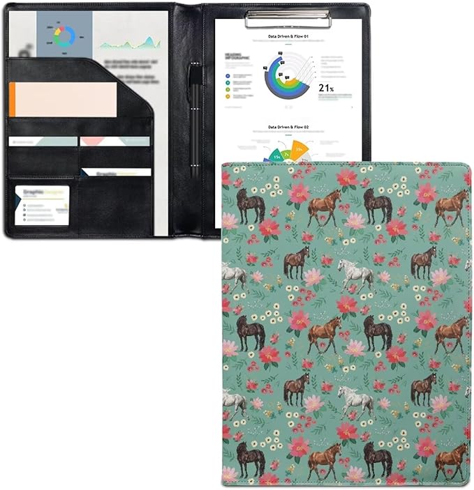 Cozeyat Floral Horse Clipboard Folder Portfolio, A4 Leather Padfolio Clipboard, Business Portfolio Clipboard Folder Professional Portfolio for Interview Resume Office Conference