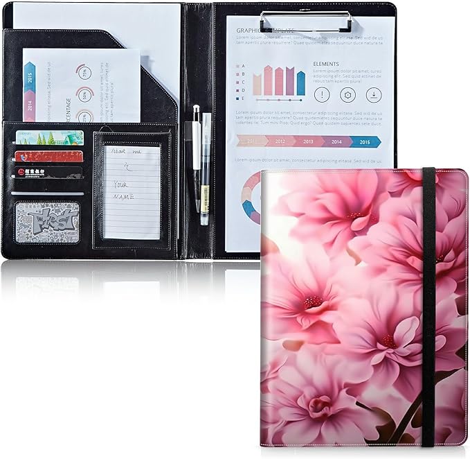 Padfolio Folder with Clipboard,Portfolios Organizer Clipboards with Storage Clipboard Writing Pad PU Leather Conference Document Organizer with Business Card Holder,Pink Flowers