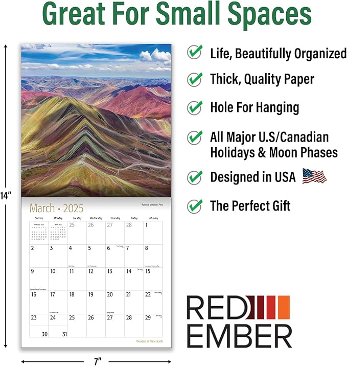 RED EMBER Wonders of Planet Earth Mini 2025 Wall Calendar 12 Month | 7" x 14" Open | Thick & Sturdy Paper | Giftable | Calendar 2025