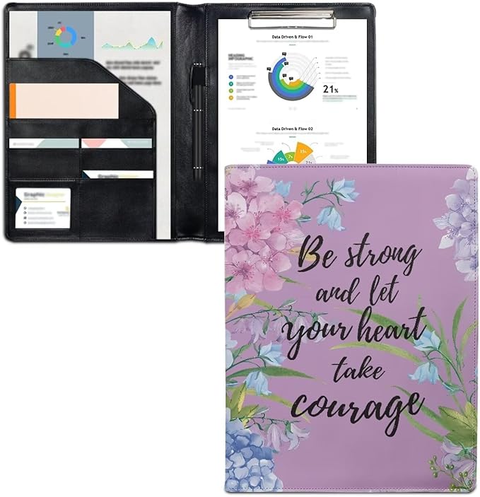 Cozeyat Padfolio Portfolio Organizer Binder, PU Leather Interview Resume Folder, Inspirational Quotes Floral Conference Document Organizer with Card Holder, Letter Size Notebook Clipboard for Women