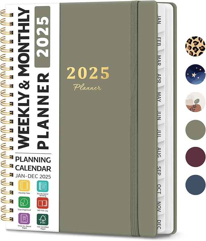 2025 Planner Weekly and Monthly, Jan 2025 - Dec 2025, Hardcover 2025 Calendar Planner Book with Monthly Tabs, Inner Pocket, Aesthetic Planner 2025 for Office Home School Planning - A5 (6.3" x 8.5"), Spiral Bound, Green