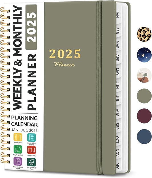 2025 Planner Weekly and Monthly, Jan 2025 - Dec 2025, Hardcover 2025 Calendar Planner Book with Monthly Tabs, Inner Pocket, Aesthetic Planner 2025 for Office Home School Planning - A5 (6.3" x 8.5"), Spiral Bound, Green