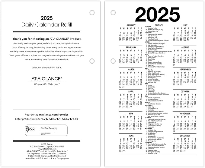 AT-A-GLANCE 2025 Desk Calendar Refill, Daily, 3-1/2" x 6", Standard, Loose-Leaf (E7175025)