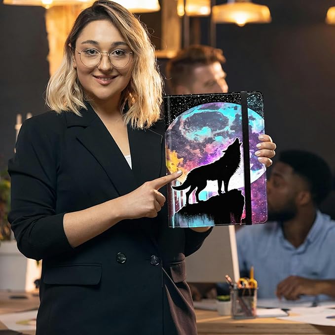 Padfolio Folder with Clipboard,Portfolios Organizer Clipboards with Storage Clipboard Writing Pad PU Leather Conference Document Organizer with Business Card Holder,Moon Wolf