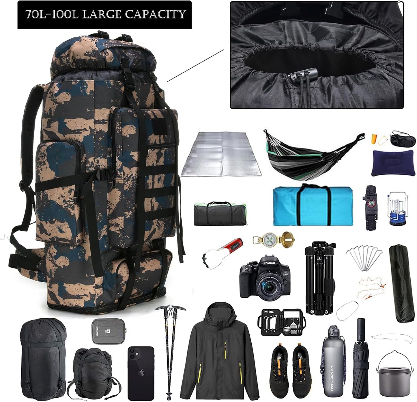 Hiking Backpack for Men 70L/100L Camping Backpack Military Rucksack Molle 3 Days Assault Pack for Climbing