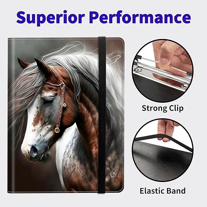 Horse PU Leather Padfolio Clipboard Notepad with Pen Loop and Elastic Strap Interview/Resume Document Organizer for Business School Office