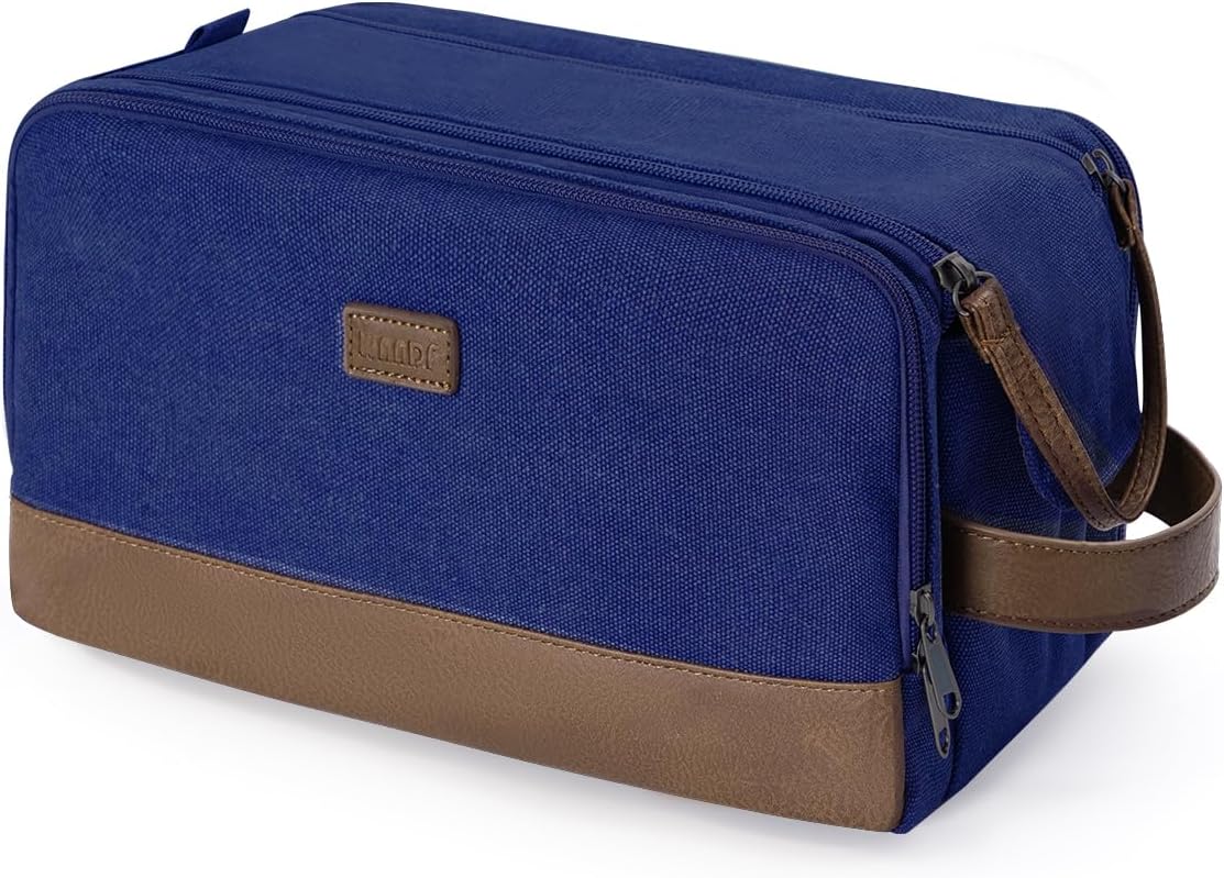 WANDF Toiletry Bag for Men Travel Toiletry Organizer Canvas and Leather Dopp Kit Water-Resistant Shaving Bag for Travel Accessories (Blue, Large)